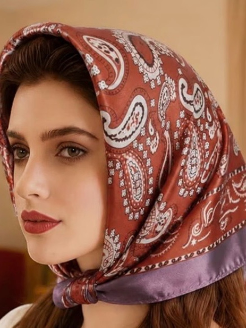 Silk-Feel Paisley Headscarf in Rust